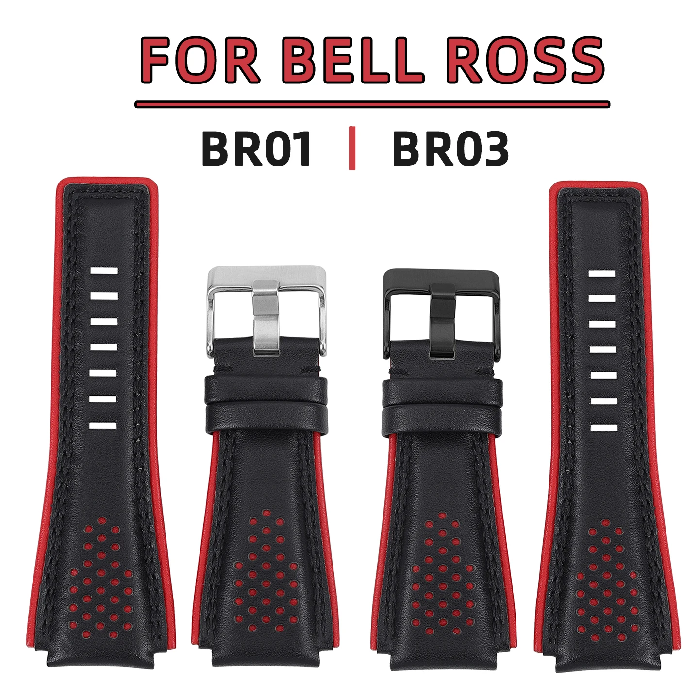 For Bell&Ross Genuine Leather Strap BR01 BR03 Men's Convex Mouth 24mm Large cowhide strap black red BR watch band replace parts