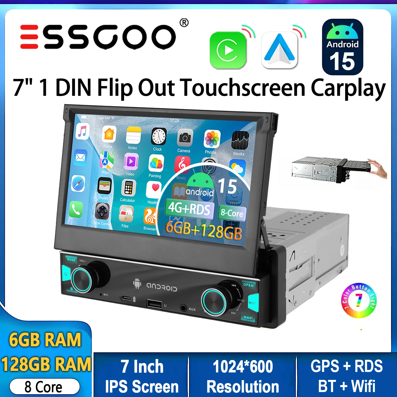 ESSGOO Android 15 1 DIN 8-Kern 6+128G 7" Ausklappbarer Touchscreen Autoradio Kabelloses Carplay GPS-Navigation WLAN FM RDS BT USB EQ AM SWC