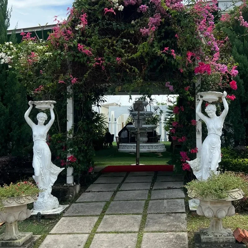 European large outdoor welcome beautiful woman sandstone sculpture hotel clubhouse entrance resin Muse flowerpot sculpture ornam
