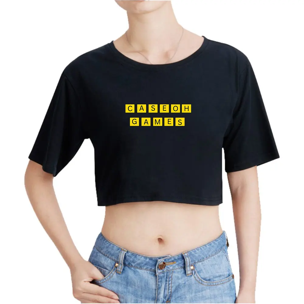 CaseohGame Vintage 90s Crop Top Exposed Navel T-Shirt Oversize O-Neck Tops Women Funny Tshirt Top