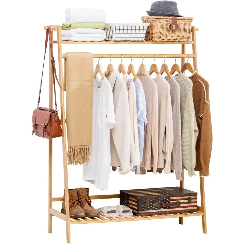 

Bamboo Garment Coat Clothes Hanging Heavy Duty Rack with Top Shelf and Shoes Clothing Storage Organizer
