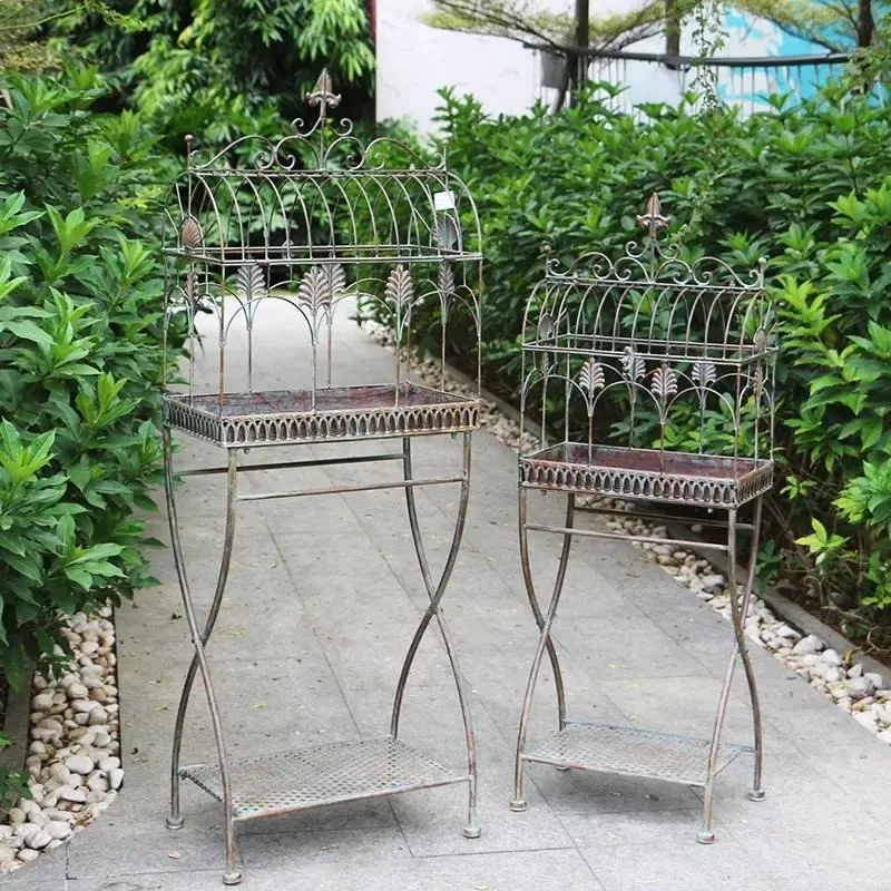 Vintage Iron Floor Birdcage Plant Stand Flower Pot Display Rack Garden Villa Home Decor Succulent Tray Ornamental Shelf