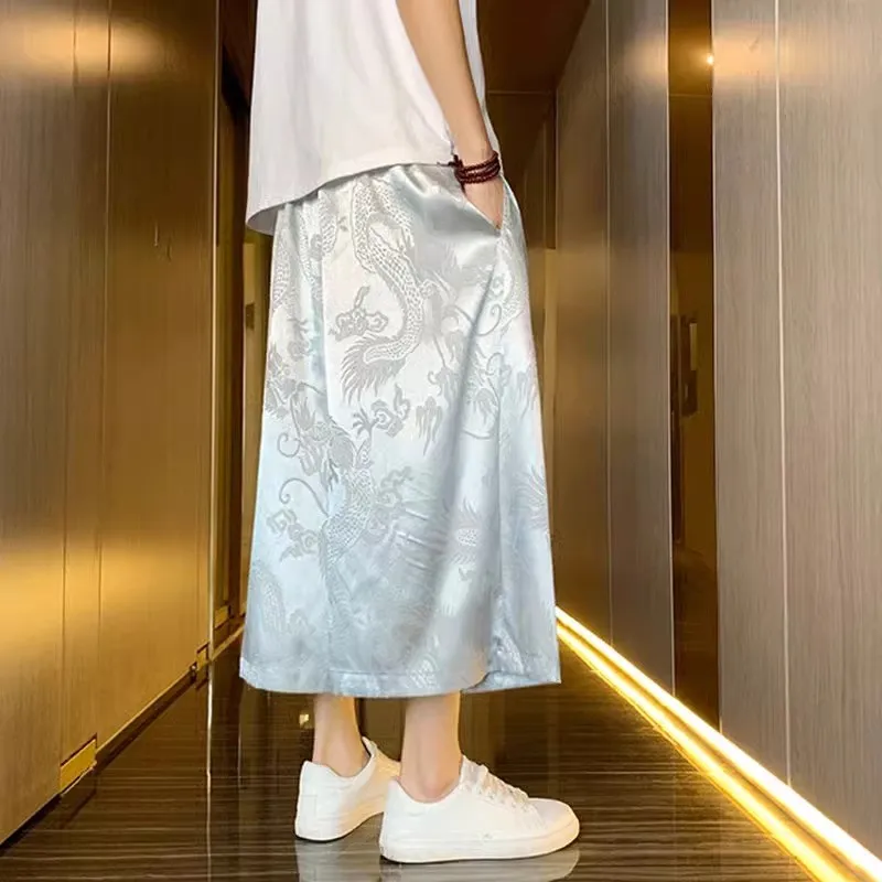 

Мужские летние повседневные брюки Extra Large 300 Pou с широкими штанинами, прямым кроем, узором дракона и средней/высокой талией