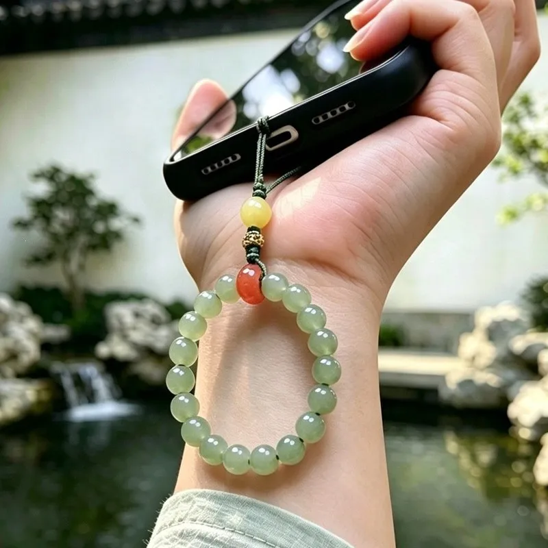 Natural Handmade New Hetian Jade Chain Ancient Style Beaded Phone Ring Pendant