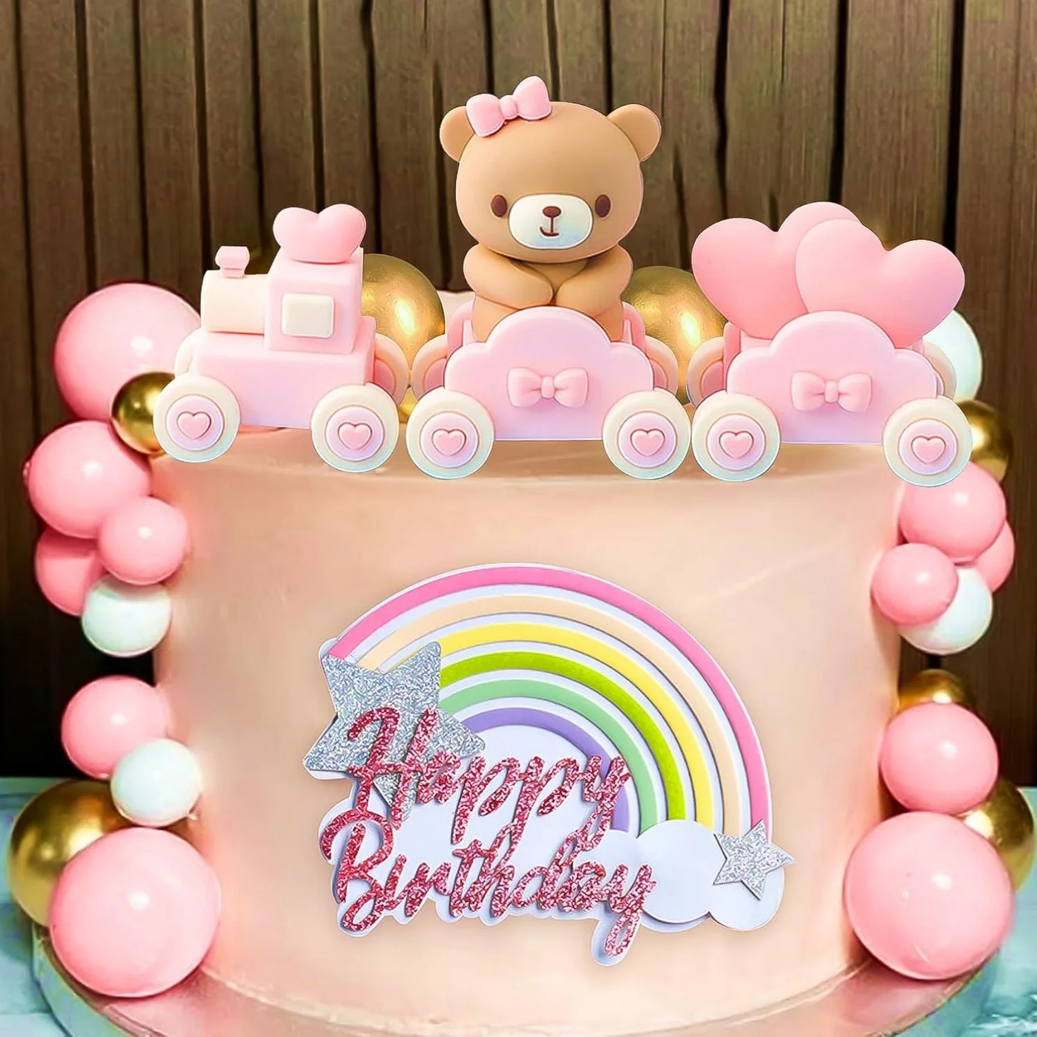 LaVenty Rosa Teddybär Tortendeko Taufe Junge Tortendeko Mädchen 1 Jahr Rosa Tortendeko Zug Teddybär Kuchendekoration