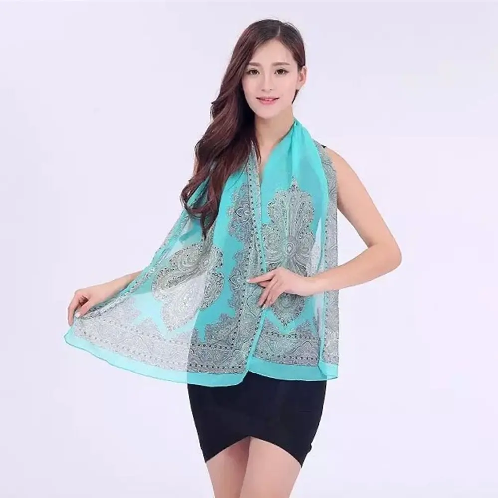 Elegant 160*50cm Chiffon Scarf Sunscreen Floral Long Wrap Shawl Washable Gradient Beach Gauze Scarf for Women