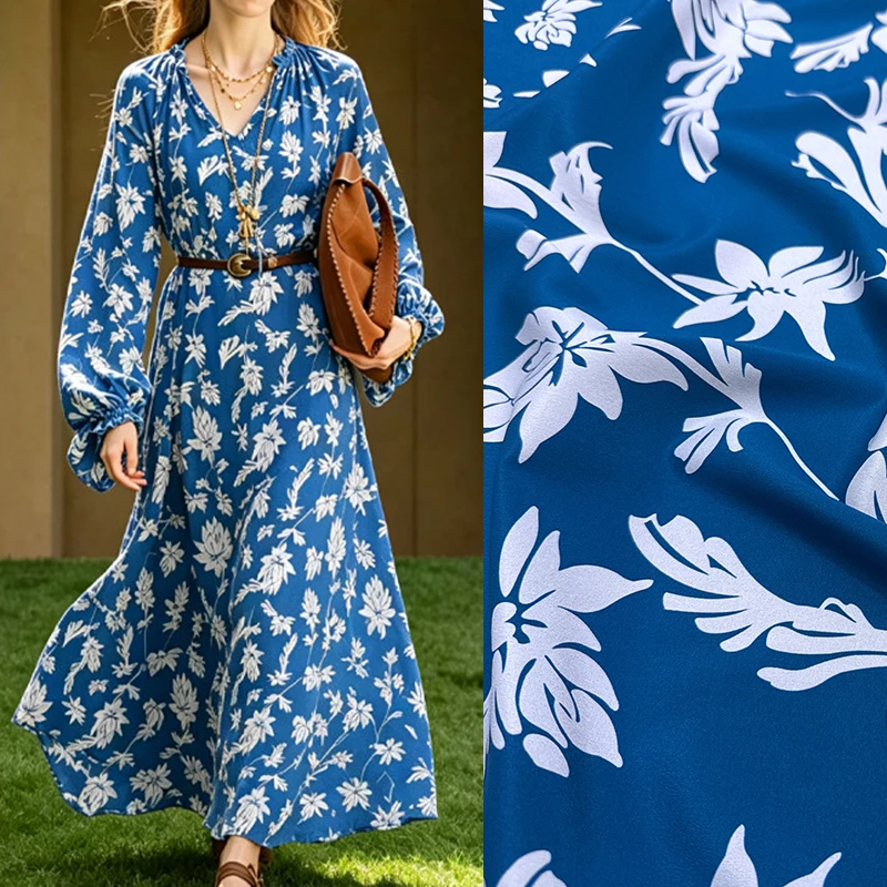 140CM Wide 18MM White Floral Printed Stretch Blue Silk Crepe de Chine Fabric for DIY Sewing Summer Dress Skirt Pajamas FR6994