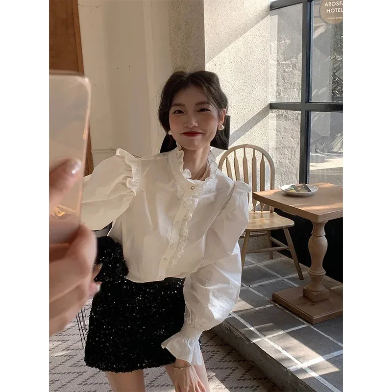 

Vintage White Shirts Women Retro Sweet Lace Ruffles Puff Sleeve Blouses Korean Office Lady Elegant Loose Casual Chic Tops New