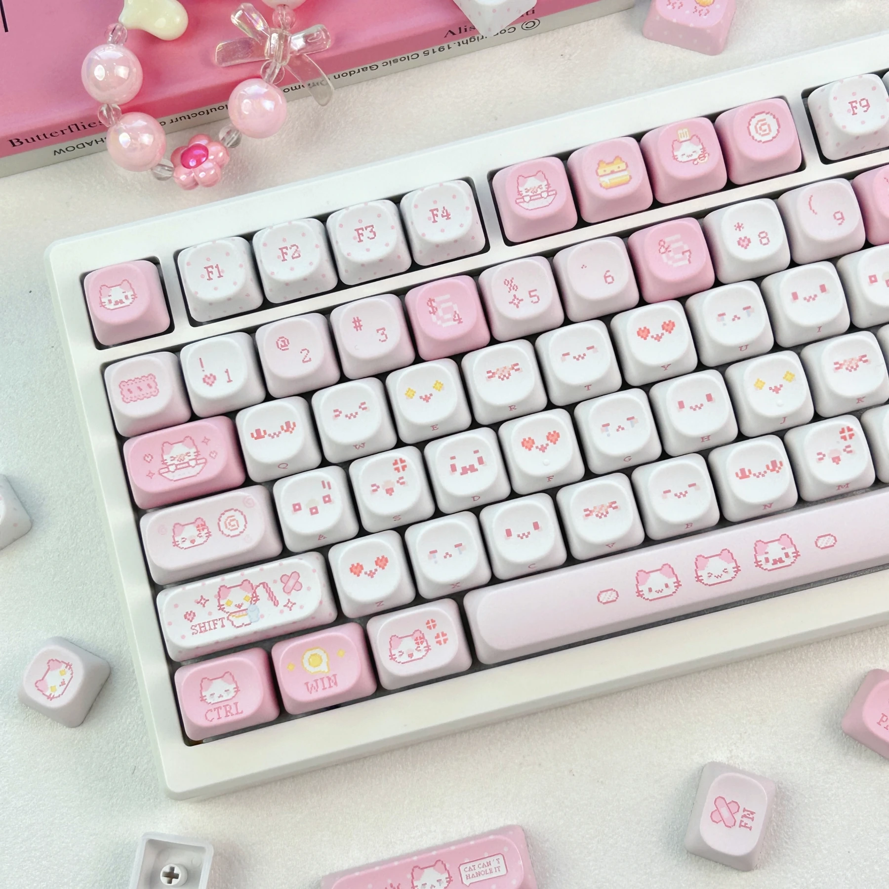 MAIMOOO Cotton Candy Cat Keycap MOA Profile PBT Custom Pixel Style Cute Pink Russian/Korean/Thai Keycaps for Mechanical Keyboard