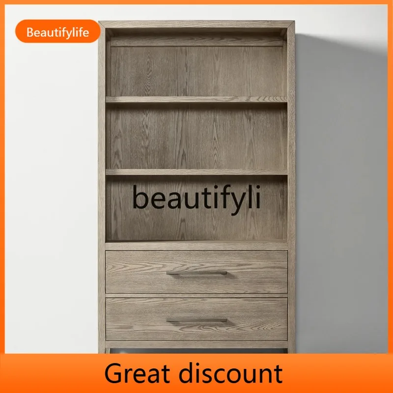 A503 H50 American Style Solid Wood Bookcase Oak New Chinese Style Retro Natural Wood Color Distressed Sideboard Storage Cabinet
