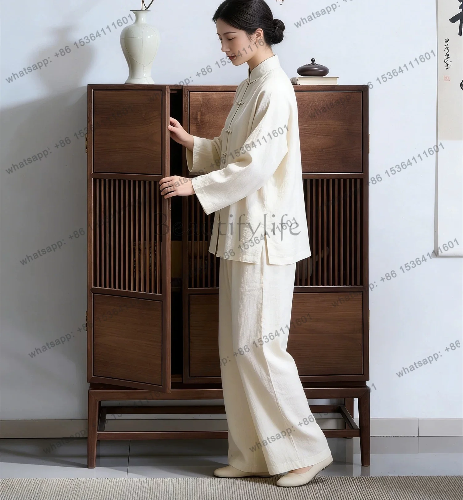 New Chinese style side cabinet, solid wood Zen black walnut floor-standing storage, wall-mounted tea cabinet
