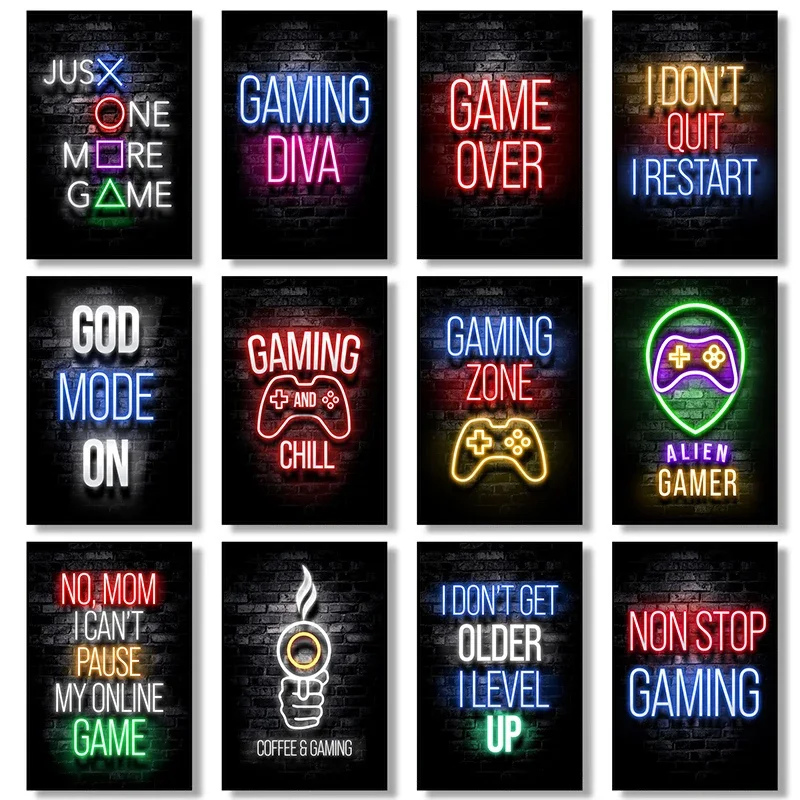 Canvas Painting Wall Art Picture Playroom Poster Gaming Prints Neon Video Gamer for Kids Boys Game Room Decor Gift