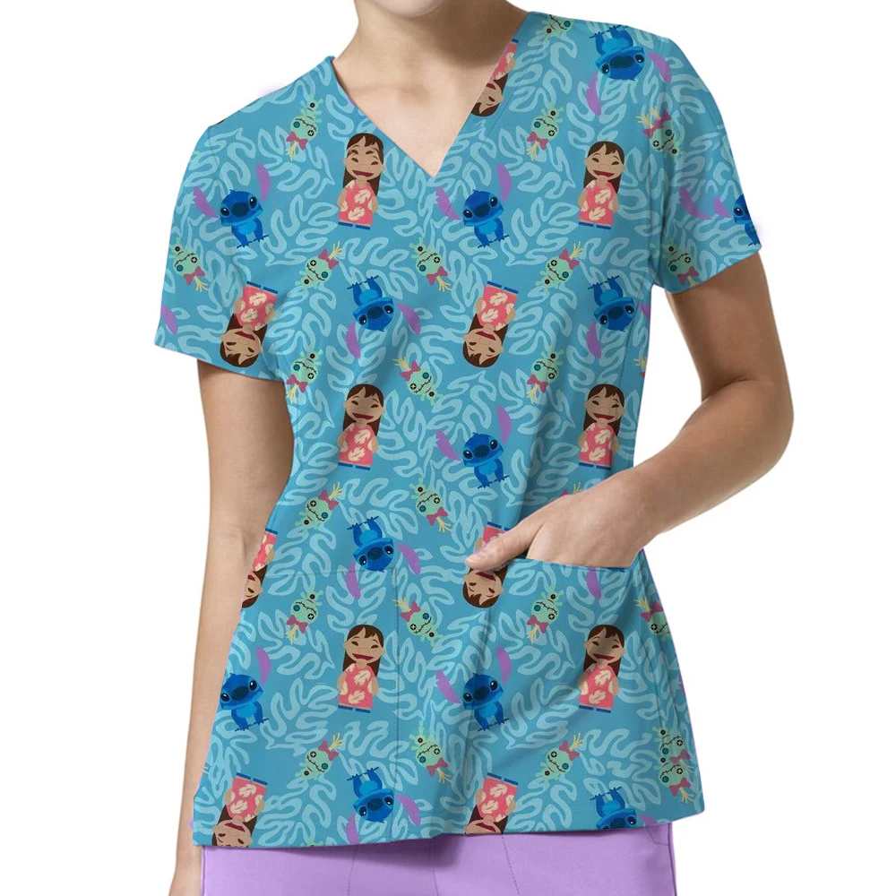 الصيف ديزني غرزة تي شيرت المرأة جيب طويل المحملة الفتيات قصيرة الأكمام ملابس المستشفى الخامس الرقبة ممرضة موحدة تي شيرت الكرتون الأعلى #3