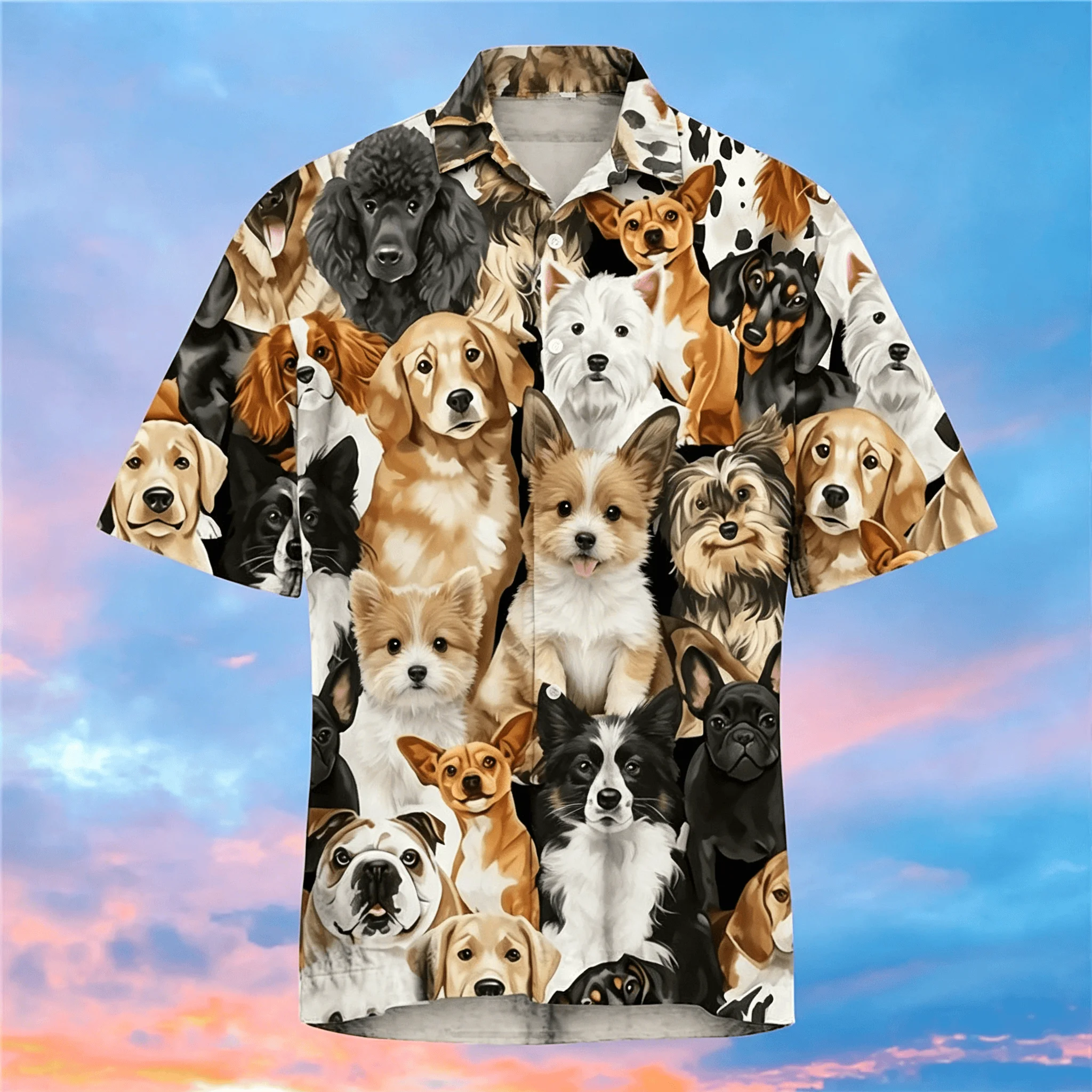 

Men's Cute Dog Breed Print Short Sleeve Shirt, Casual Hawaiian Button Up Shirt for Spring & Summer