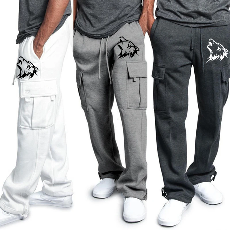 

Men's Fleece Cargo Pants Loose Drawstring Sweatpants with Pockets Sports Straight Trousers Jogging Long Pants Hip Hop Streetwear