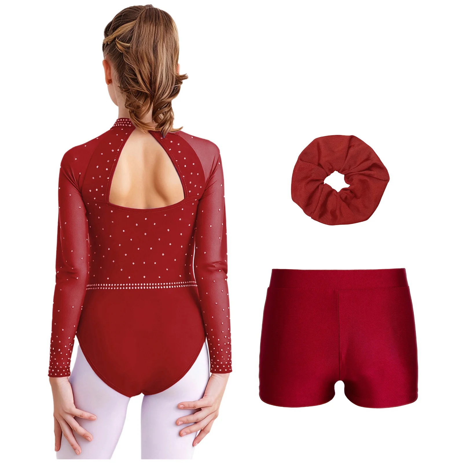 3 조각 어린이 소녀 체조 발레 댄스 복장 쉬어 메쉬 긴 소매 크로스 프론트 컷 아웃 백 레오타드 + 반바지 + 헤어 밴드 세트