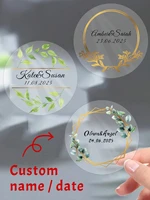 54-540 Uds. Etiquetas de boda personalizadas transparentes de 4CM, pegatina de boda circular personalizada, diseño de hoja verde, pegatina de nombre y fecha personalizada
