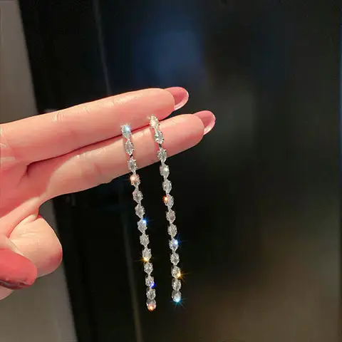 Inlaid Zircon Silver Colour Long Tassel Earrings Women's 2022 New Personality Fashion Earrings Wedding Jewelry Birthday Gifts