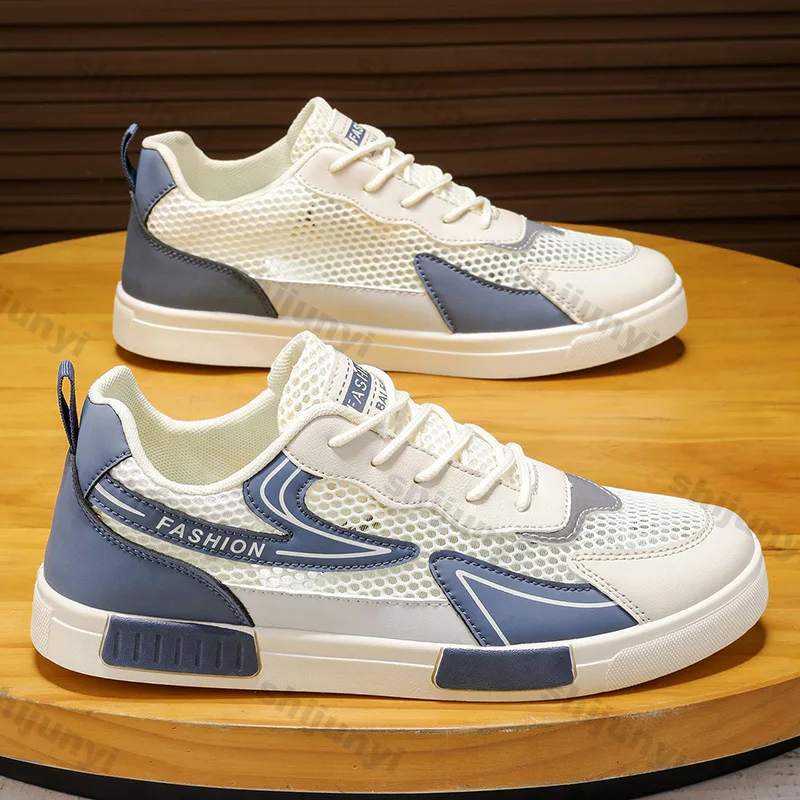 

Men's Vulcanized Shoes 2025 Summer New Mesh Hollow Breathable Non Slip Sneakers Comfortable Fashion Cross Tied Casual Flat Shoes