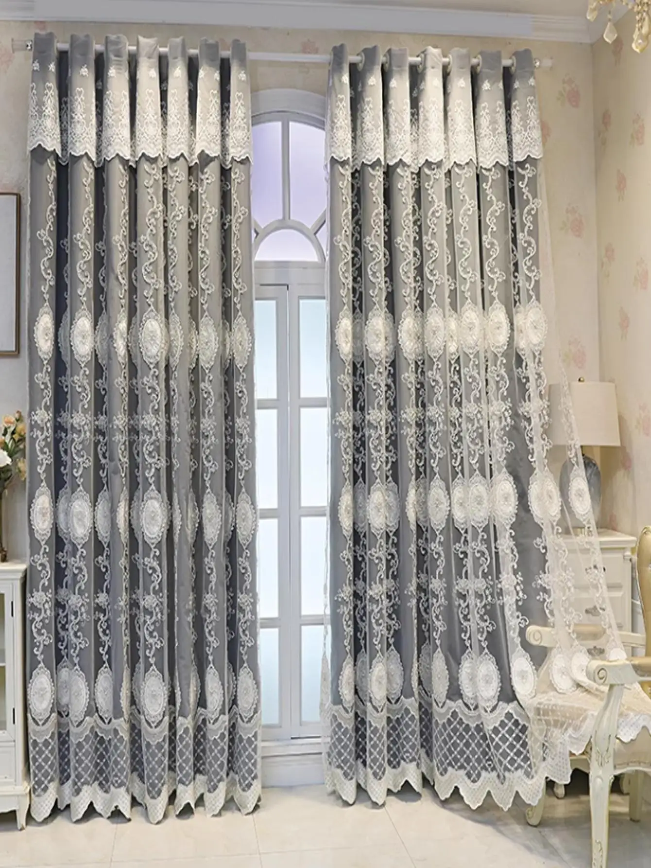 European-style embroidered pearl gauze light luxury one double bedroom living room curtains