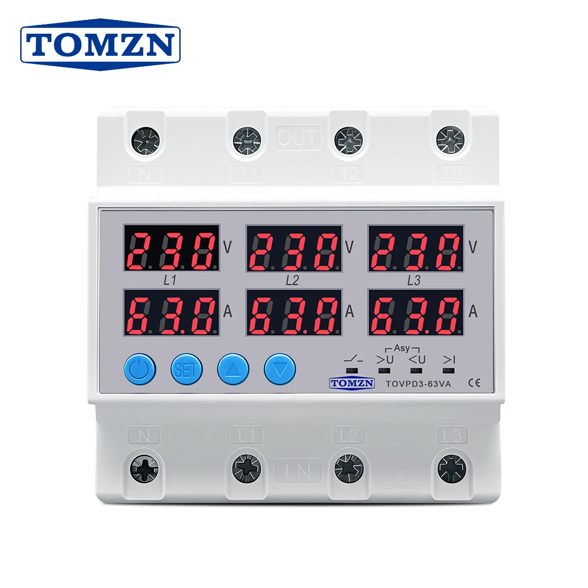 TOMZN 3-Phasen-4-Draht-Spannungs-Strom-Schutzrelais, einstellbarer Über-/Unterstrom-Monitor, 3P+N DIN-Schienen-Schutzschalter