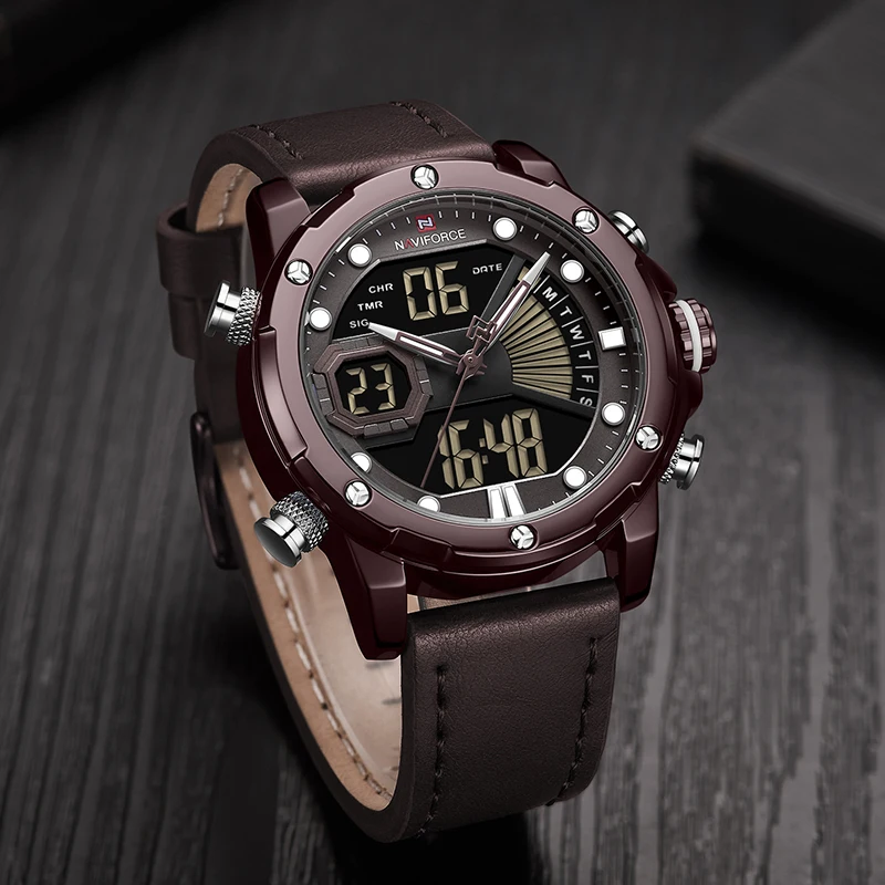 Luxury Watches for Men NAVIFORCE Digital Chronograph Quartz Alarm Clock Military Sport Waterproof Leather Strap Wrist Watch Male