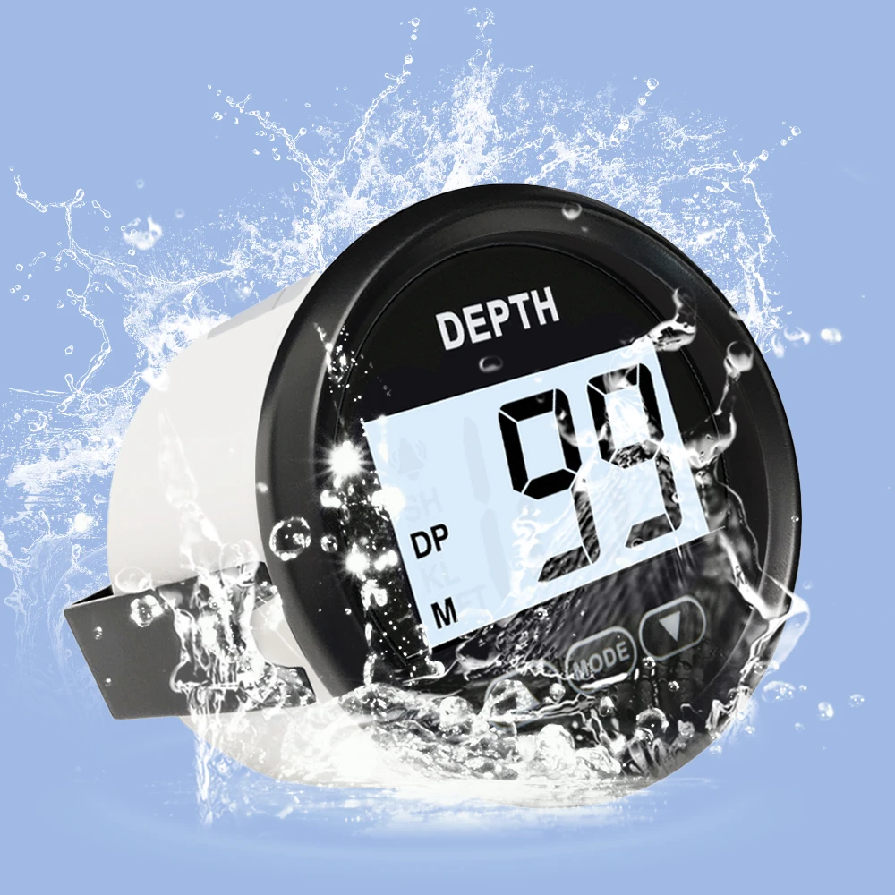 ELING 12VDC Ships 52mm Waterproof Digital Depth Gauge Indicator with Transducer and White Backlight for Yachts Fishing Boats
