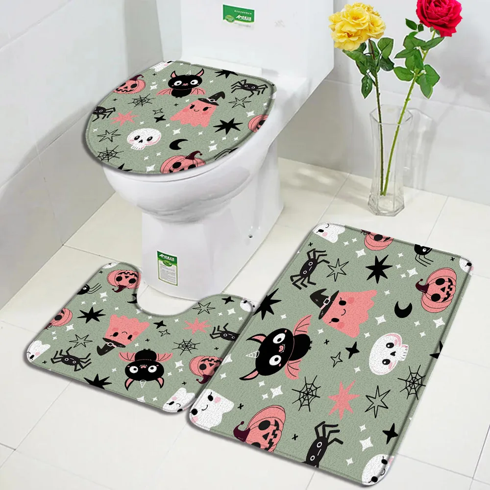 Cartoon Halloween Bath Mat Set Black Bat Spider Pumpkin Skull Ghost Non-Slip Carpet Bathroom Decor Floor Rugs Toilet Lid Cover