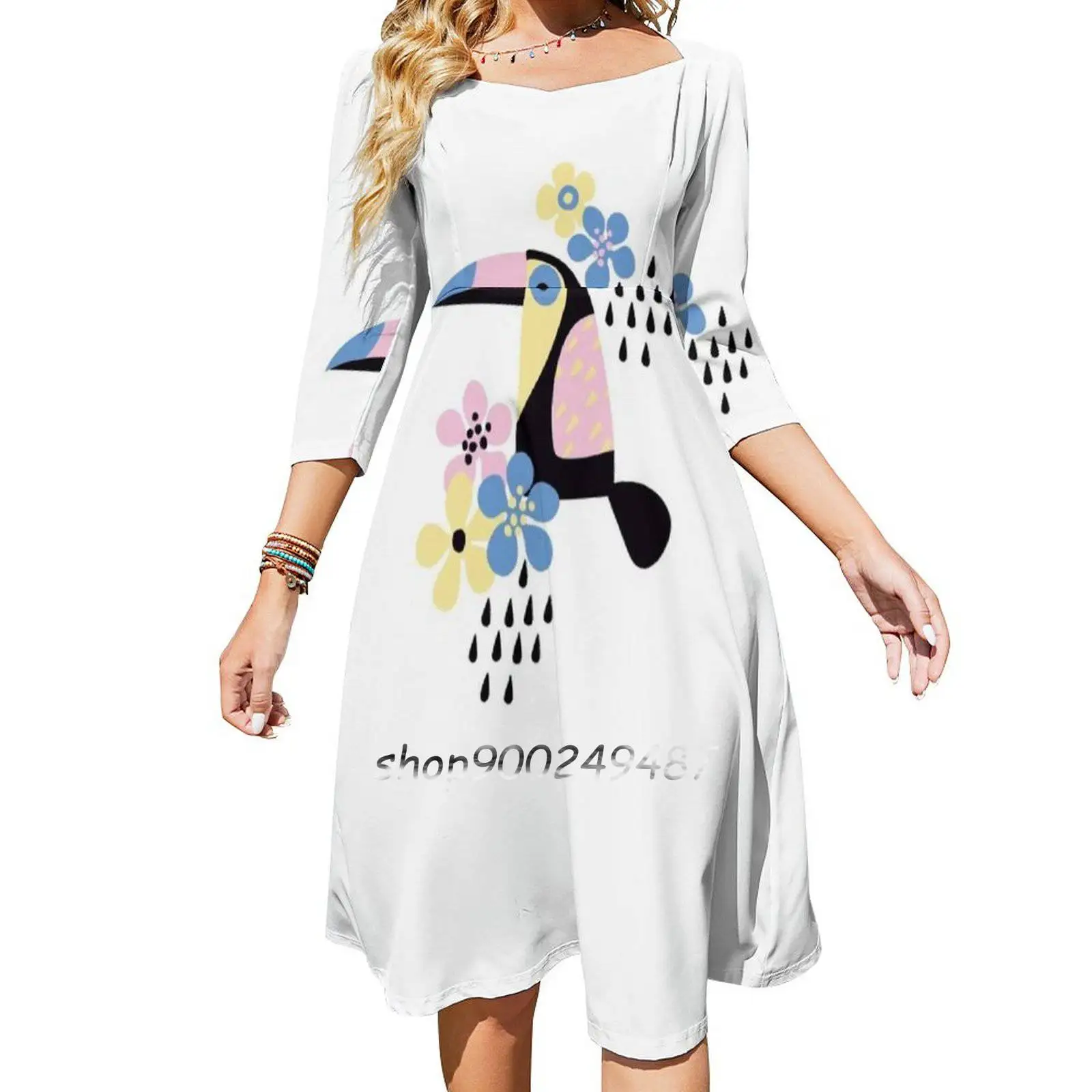 Tropical Summer Women Casual High Waist Mini Dress Short and Long Sleeve Dresses Fashion Dress Tropical Bird Flower Toucan