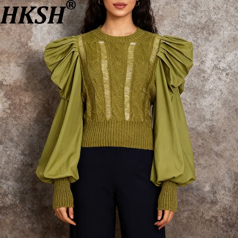 

HKSH Autumn Winter New Women Sweater Puff Sleeves Patchwork Knitted Hollow Out O-neck Pullover Fashion Elegant Chic Tops HK16751