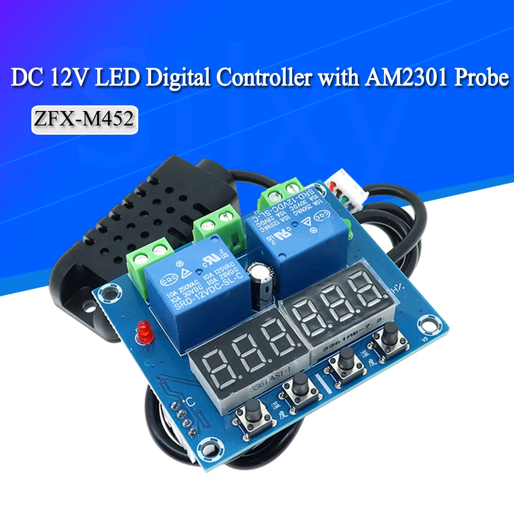 ZFX-M452 DC 12V LED Digital Thermostat Temperature Humidity Control Thermometer Hygrometer Controller Relay Module AM2301 Probe
