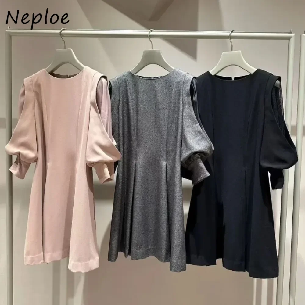 Neploe New Moda O Neck Half Sleeve Office Lady Dress Slim Waist Ruched Mesh Patchwork Robe Japan Casual Literary Girl Vestidos