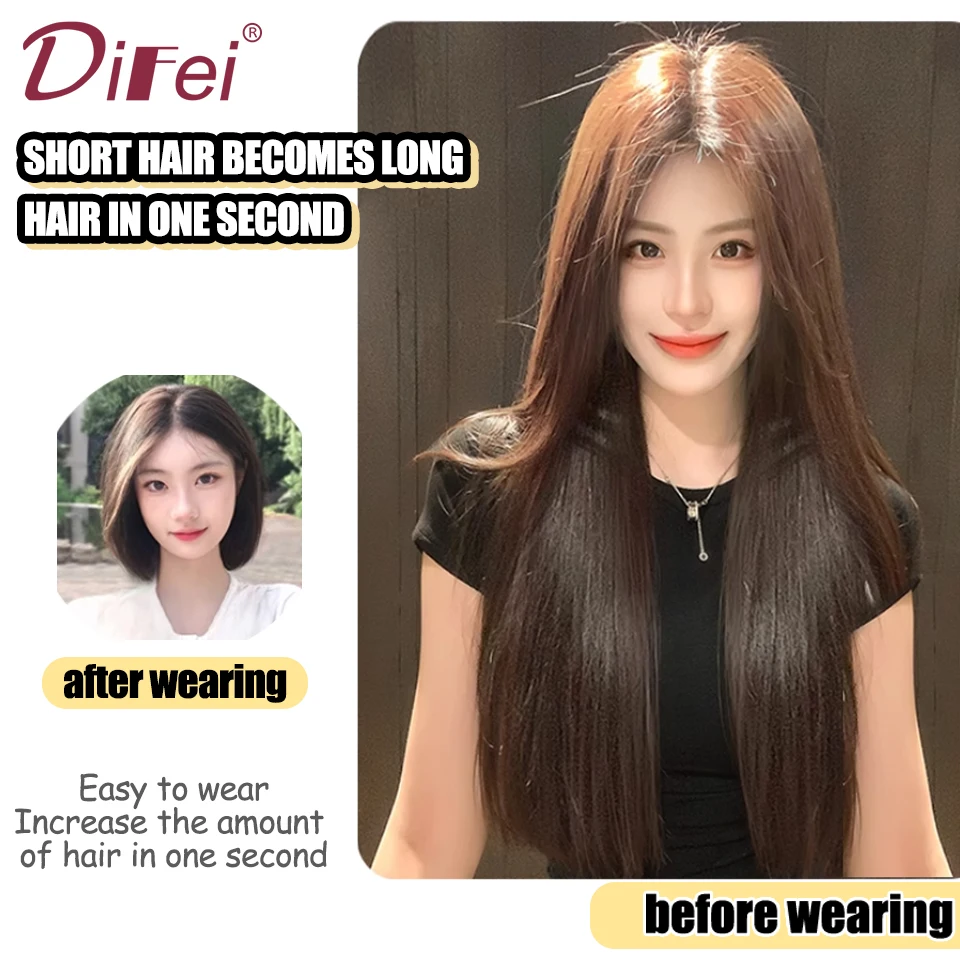 DIFEI Three-piece Hair Extension Synthetic Wig Women Head Natural Fluffy Long Straight Hair Extension Three-piece Wig Piece