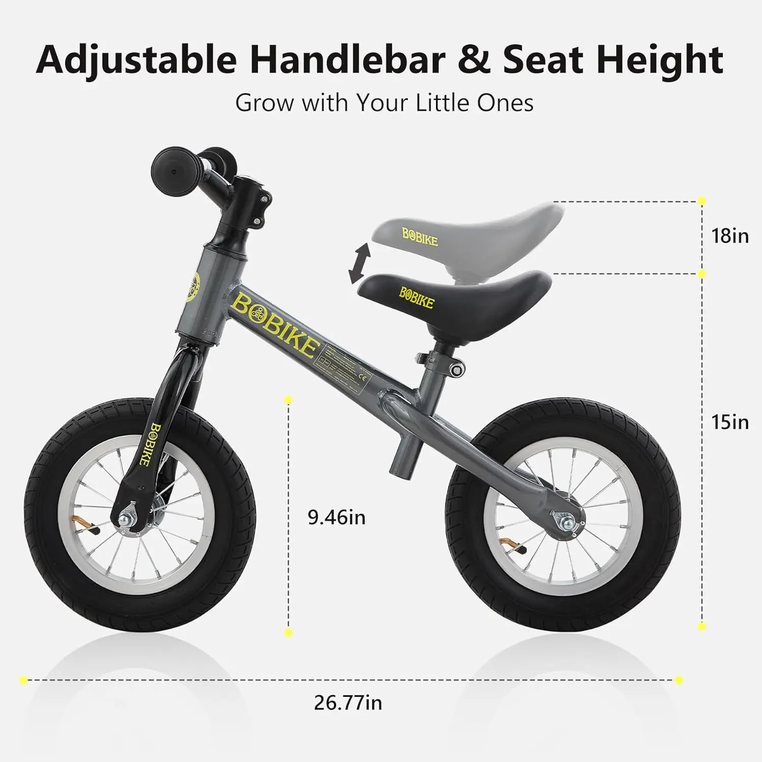 Rowerek biegowy malucha z nadmuchiwanymi gumowe opony, dzieci pchają rowerek biegowy zabawki dla 18-miesięcznych do 4-letnich chłopców Grils regulowane