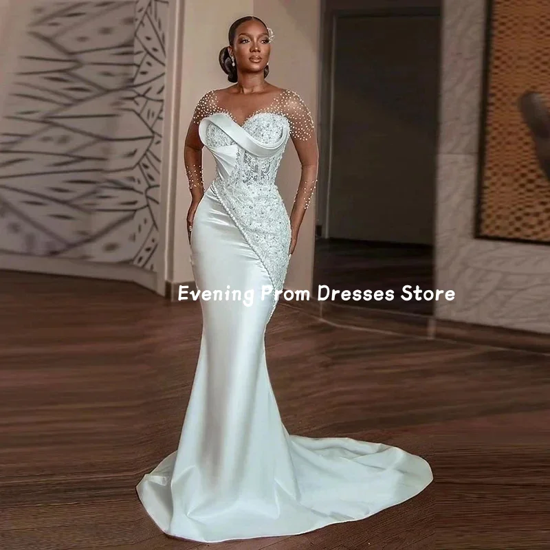 Elegant African Women's Mermaid Wedding Dress Phantom Long Sleeve beadwork Bridal Dress Plus Size Wedding Dress Customization