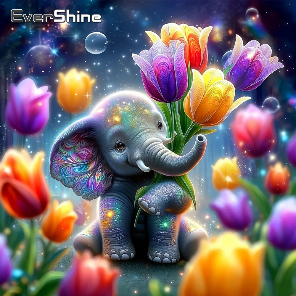 EverShine Diamant-Stickerei Tier-Mosaik Elefant Vollquadratisch 5D DIY Bild Strass Diamantmalerei Tulpe Heimdekoration
