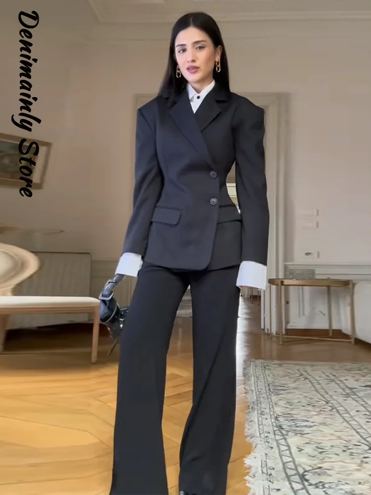 Fashion Asymmetric Buttons Blazer Pants Sets Women Slim Waist Lapel Long Sleeve Jackets Straight Pant 2026 Spring Lady Outfit