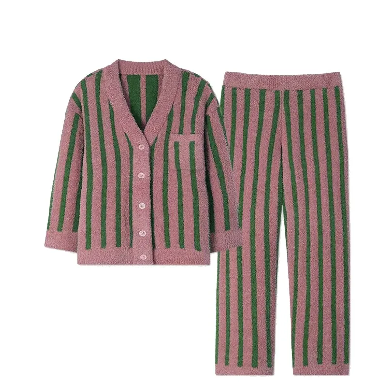 Plus Size 5XL Winter New Female Pajamas Thicken Flannel Sleepwear Cardigan Trouser Suit Loose Striped Coral Fleece Home Clothes