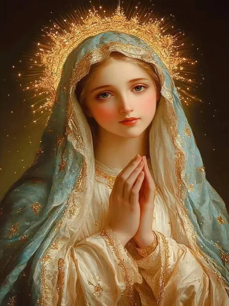 DIY Gentle Virgin Mary Praying Diamond Painting, Sparkle Golden Halo Light Blue Veil Sacred Catholic Portrait Wall Decor Gift