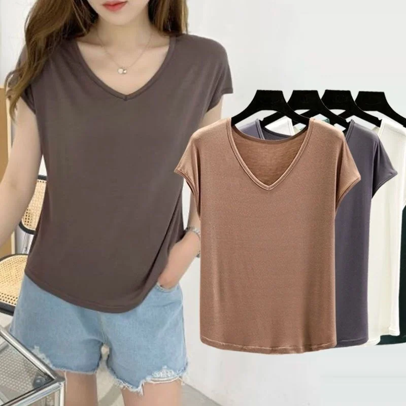 

New Women's Modal Svel V-Ne T-irt Casual Sle ort Sve Basic Color Spring Faion Ladies' Top