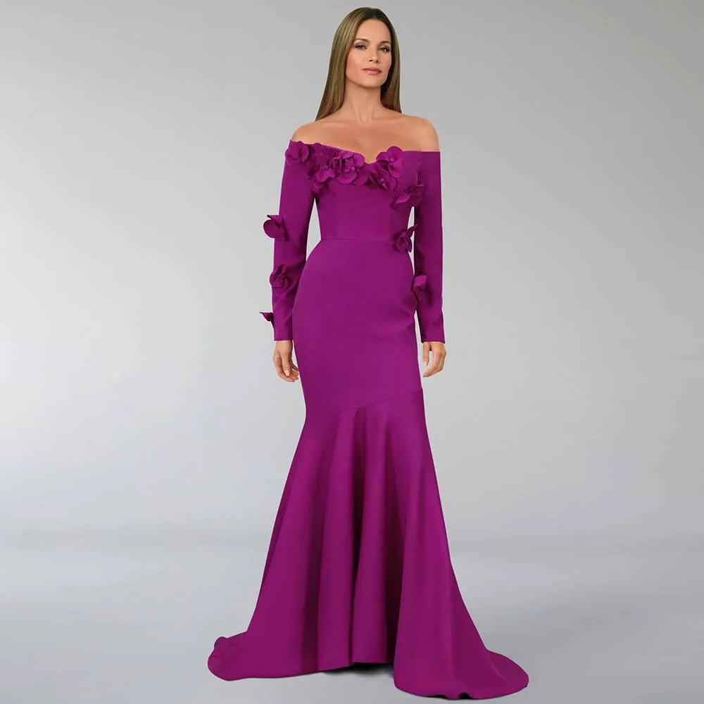 فساتين رسمية لأم العروس جيرسي حورية البحر/البوق فستان سهرة أرجواني خارج الكتف مزين بسحاب مكشكش فستان حفلات