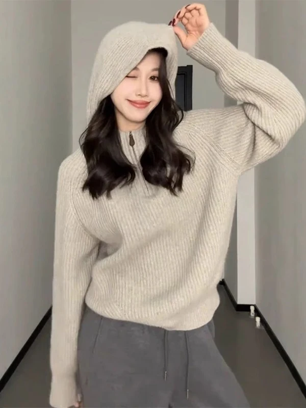 

Khaki Hooded Zipper Sweater Women's Thiened Oversized Knitted Top Autumn Winter Leisure Sle Long Sve Polyester Fiber