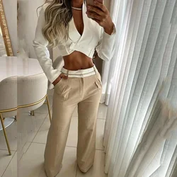 Conjunto de dos piezas para mujer, Top corto de manga larga con solapa y cuello de pico alto, un solo botón, pantalones holgados con bolsillos