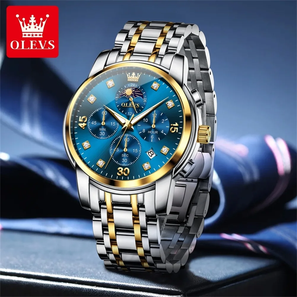 OLEVS 3652 Number Scale Quartz Watch For Men Chronograph Luxury Waterproof Hand Clock Moon Phase Date Luminous Man Dress Watches