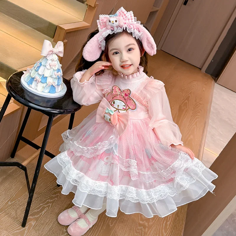 Sanrio Autumn and Winter Melody Cute and Sweet Children's Princess Dress Cartoon High Neck Warm Long Sleeve Sweater Fluffy Skirt