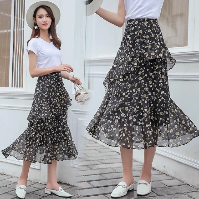 Elegante Vintage Frauen Blumen Chiffon Midi Rock Koreon Mode neue hohe Taille y2k unregelmäßige Rüschen Frühling Sommer Freizeit röcke