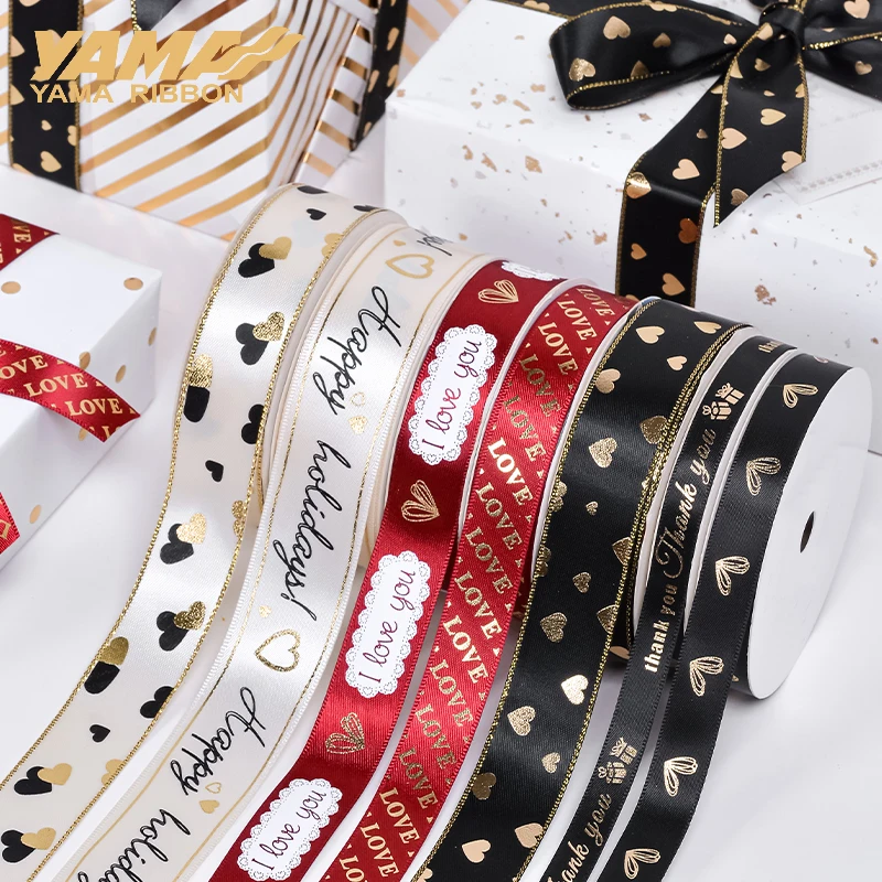 YAMA Gold Foil Printed Ribbon 10yards/roll Heart Series Valentine\'s Ribbons for Crafts Lover Gifts DIY Packaging Wedding Decor