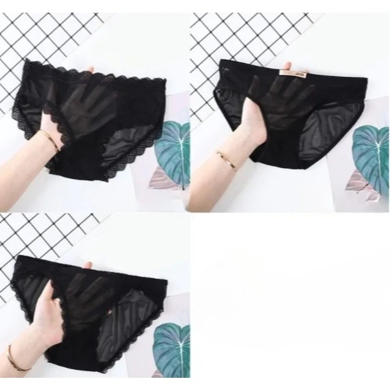 Low Waist Sexy Hollow  Transparent  Mesh Lace Edge Pure Desire Luxury Black  Underwear Women's Shorts  Light Nude Breathable