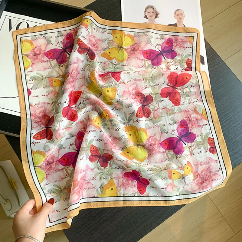 

New Silk Cotton Blend Butterfly Print Scarf Women 53 Summer Elegant Bandana Neckerchief Lightweight Head Scarf Fashion Accessory