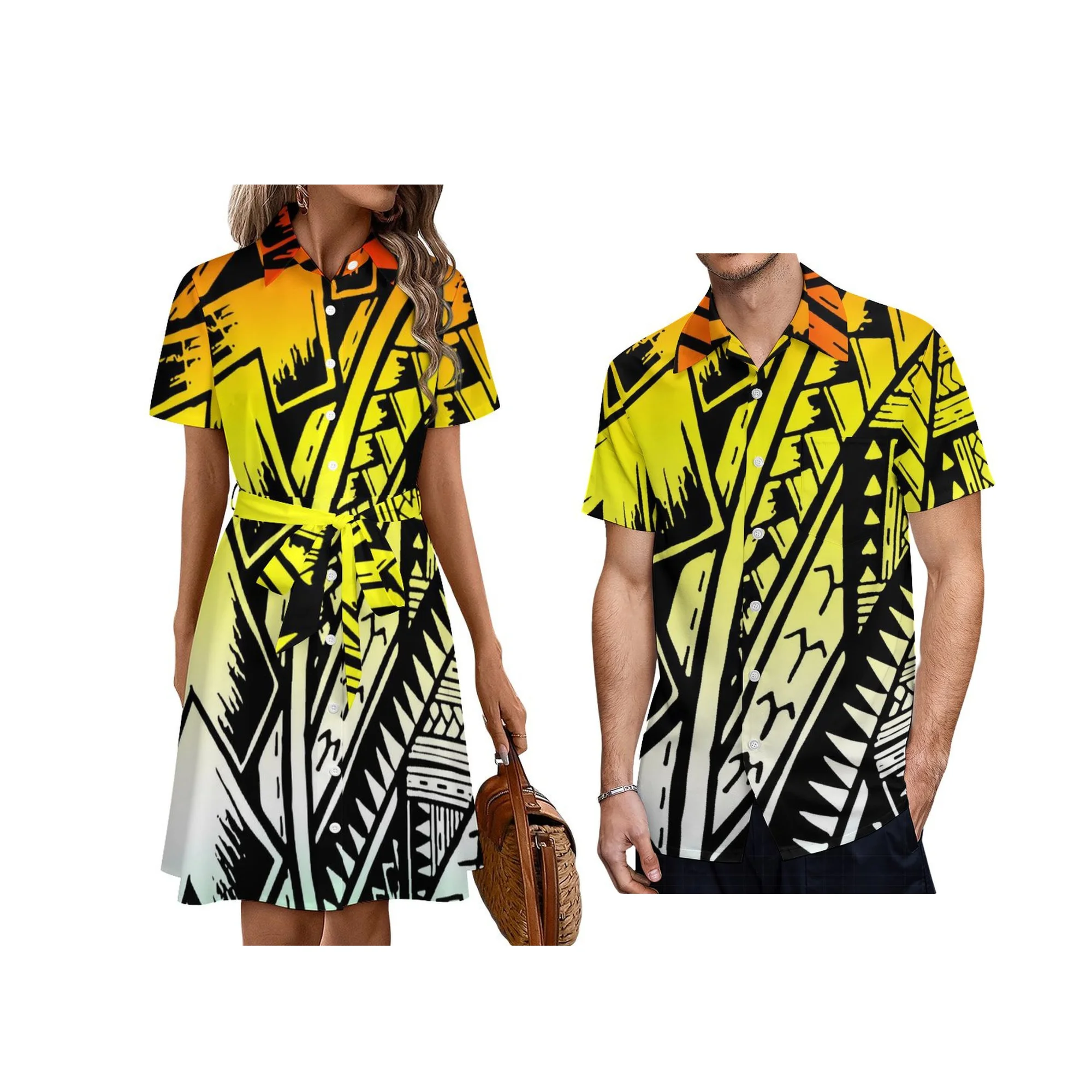 Samoan Island Design Ladies Summer Sashes Dress Custom Plus Size Casual Button Shirts Dress Polynesian Tie-Up Dress